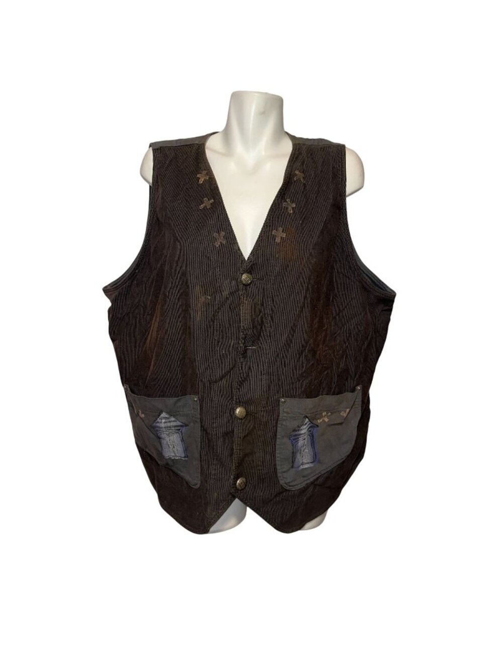 Vtg 90s Blue Fish Lagenlook Vest Painted Corduroy Cotton Art To wear One Size